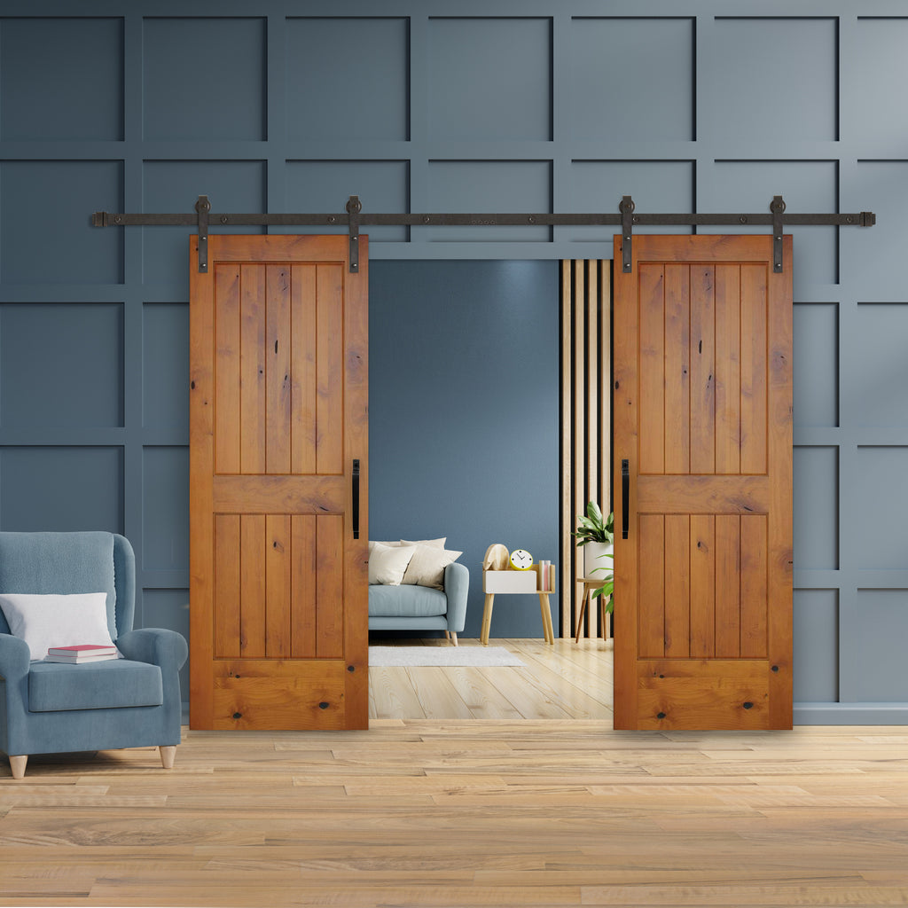 Rustic 2-panel Golden Oak stained American Knotty Alder wood from Washington State Interior Bi-Part Barn Door with Oil Rubbed Bronze Hardware Kit from Pacific Pride.