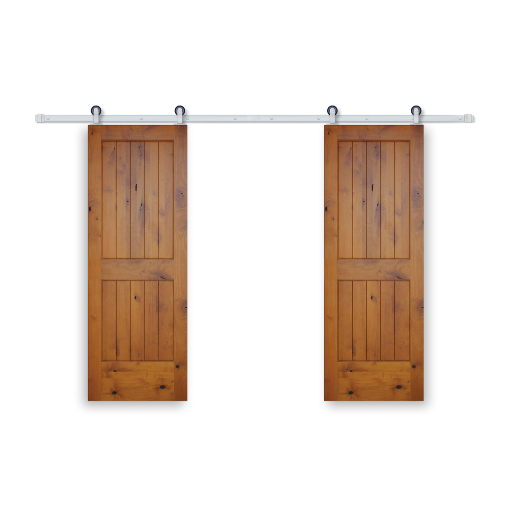 Rustic 2-panel Golden Oak stained American Knotty Alder wood from Washington State Interior Bi-Part Barn Door with Satin Nickel Hardware Kit from Pacific Pride.