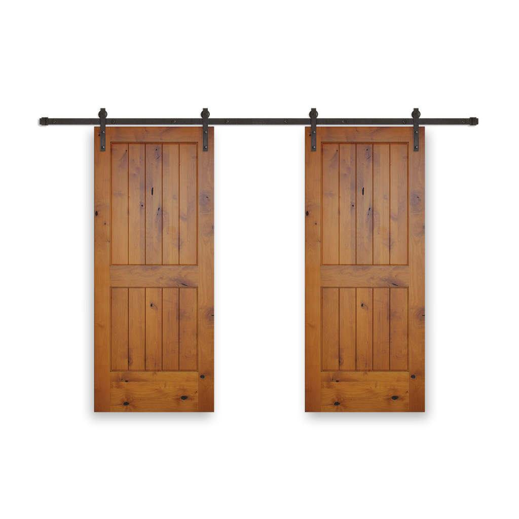 Rustic 2-panel Golden Oak stained American Knotty Alder wood from Washington State Interior Bi-Part Barn Door with Oil Rubbed Bronze Hardware Kit from Pacific Pride.