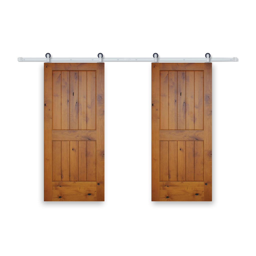 Rustic 2-panel Golden Oak stained American Knotty Alder wood from Washington State Interior Bi-Part Barn Door with Satin Nickel Hardware Kit from Pacific Pride.