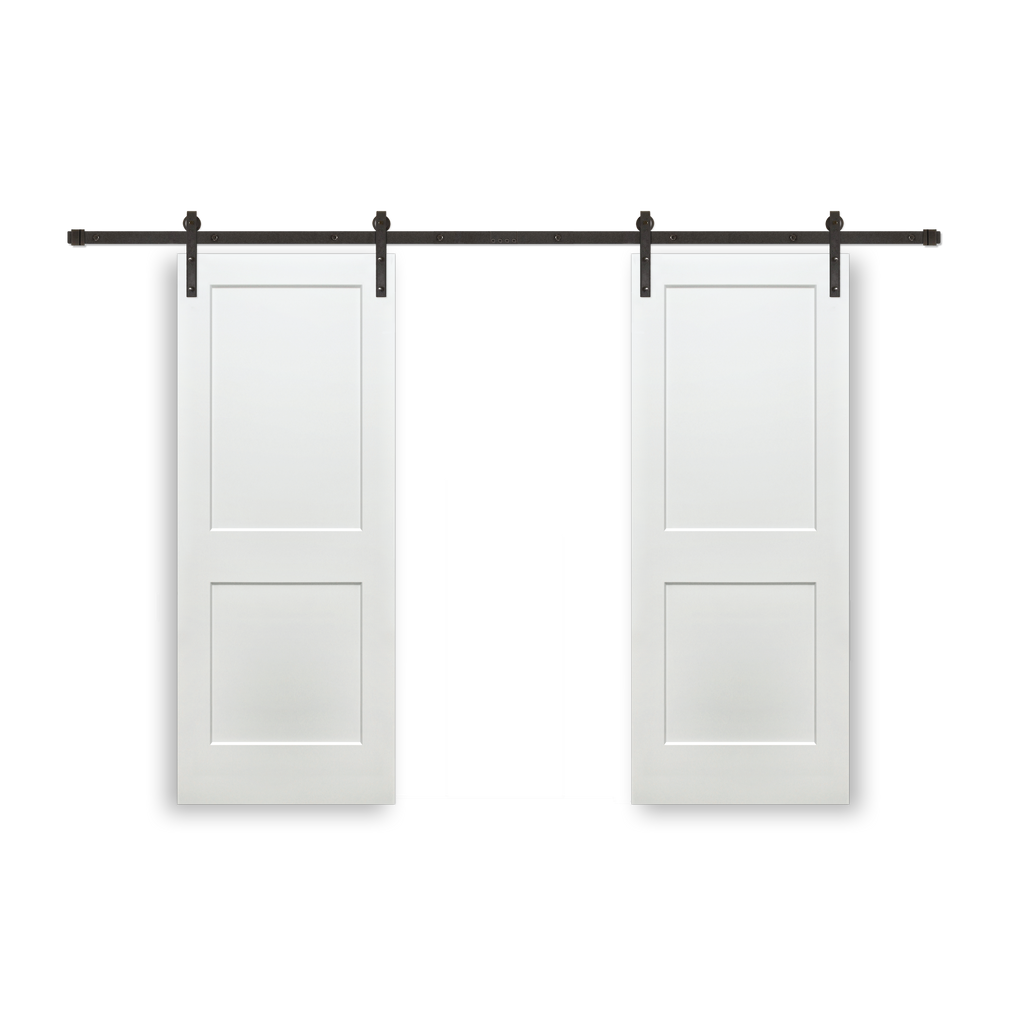 Shaker 2-Panel Primed White Pine Wood Interior Bi-Part Barn Door with Oil Rubbed Bronze Hardware Kit from Pacific Pride.