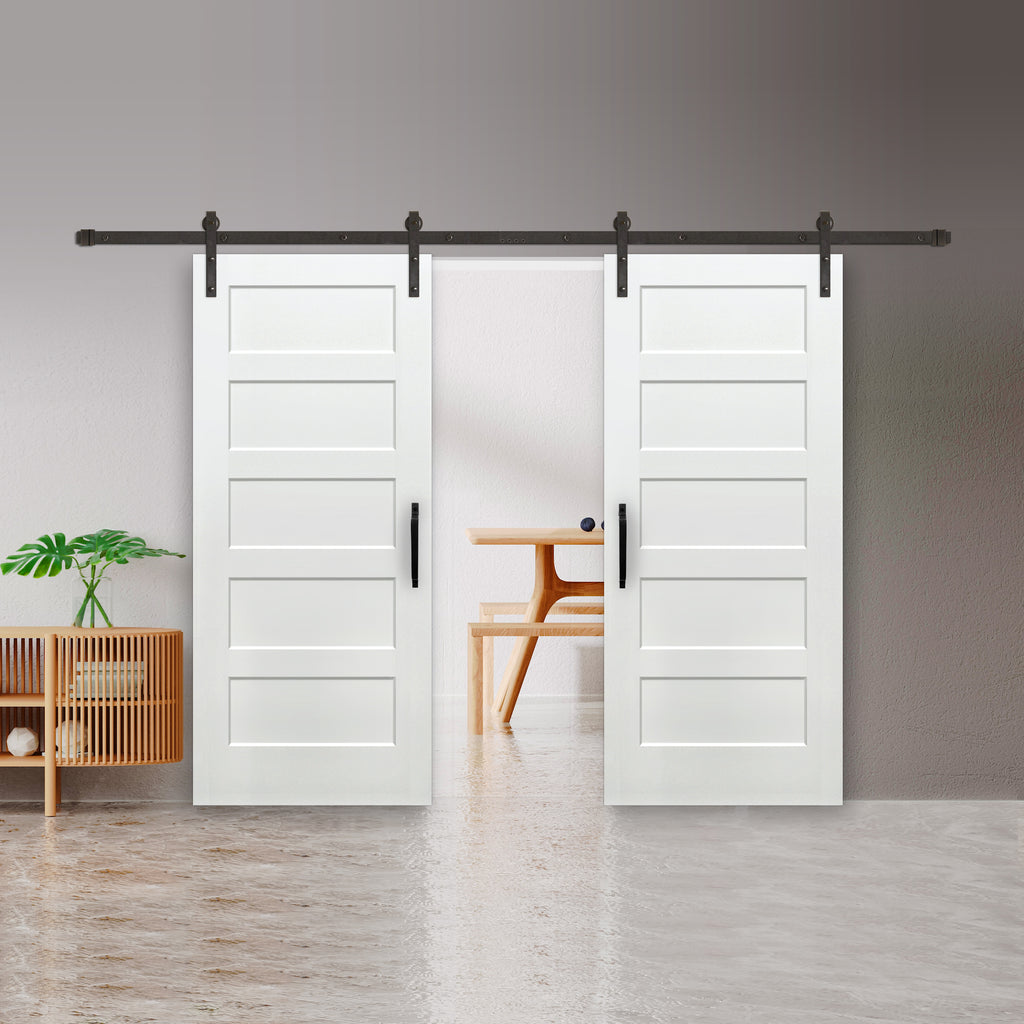 Shaker 5-Panel Primed White Pine Wood Interior Bi-Part Barn Door with Oil Rubbed Bronze Hardware Kit from Pacific Pride.