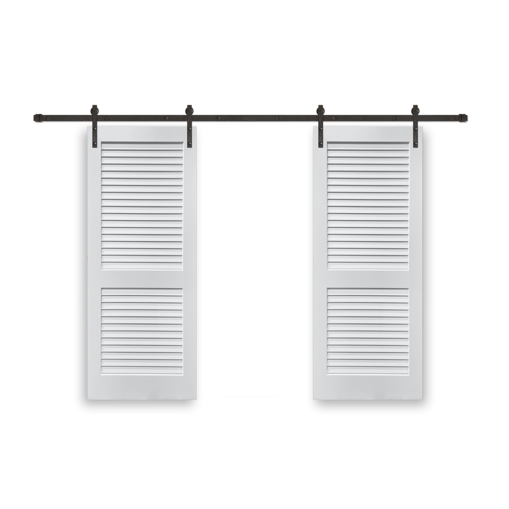 Plantation Louver 2-Panel Primed White Pine Wood Interior Bi-Part Barn Door with Oil Rubbed Bronze Hardware Kit from Pacific Pride.