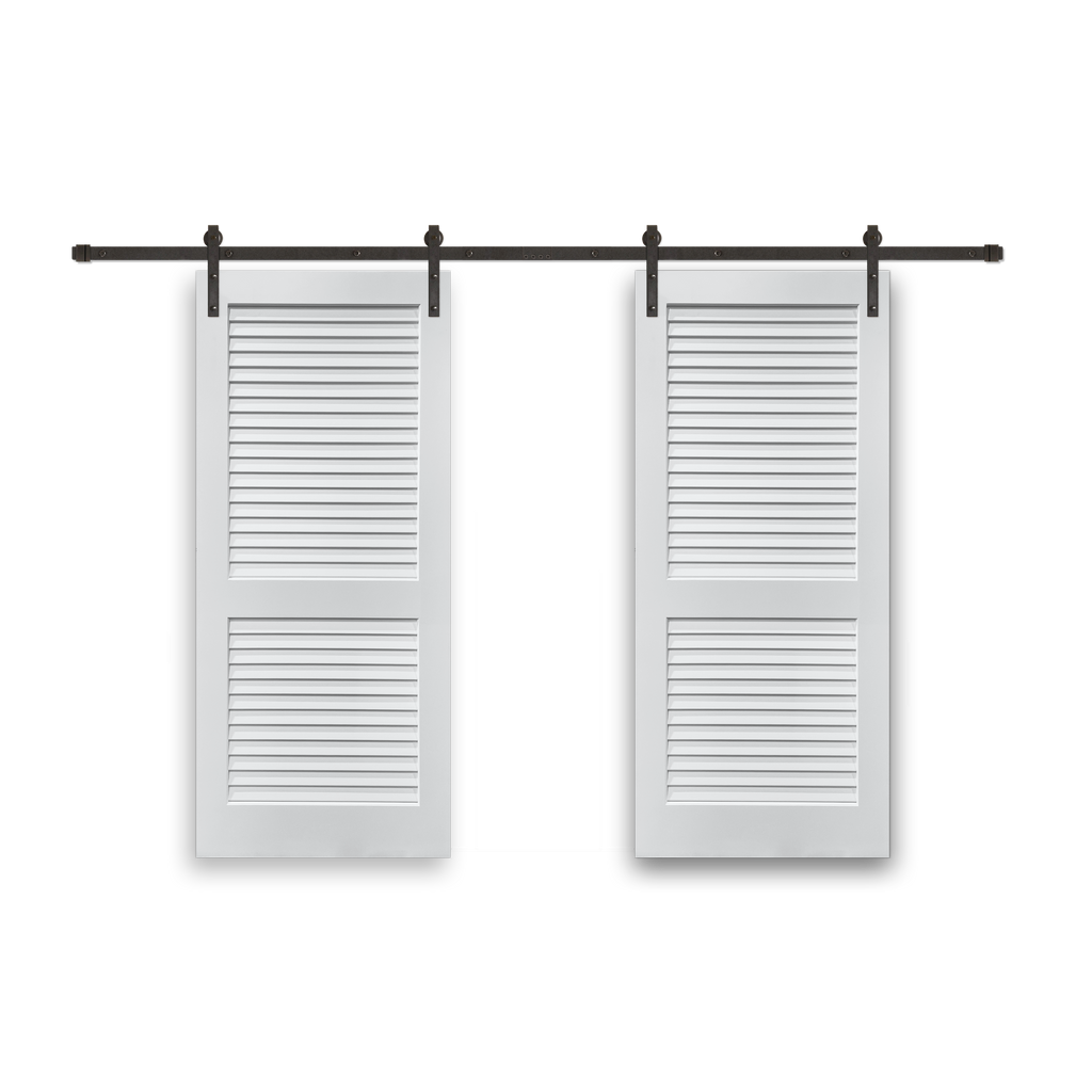 Plantation Louver 2-Panel Primed White Pine Wood Interior Bi-Part Barn Door with Oil Rubbed Bronze Hardware Kit from Pacific Pride.