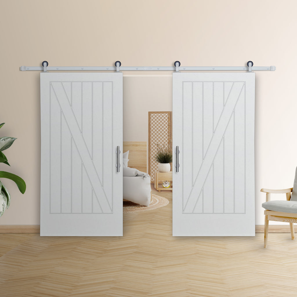 Cottage Z-Plank Primed White Pine Wood Interior Bi-Part Barn Door with Satin Nickel Hardware Kit from Pacific Pride.
