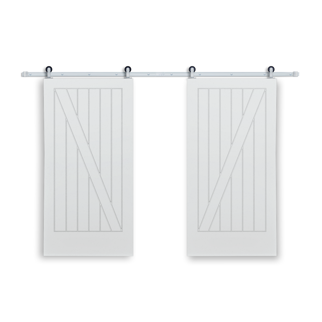 Cottage Z-Plank Primed White Pine Wood Interior Bi-Part Barn Door with Satin Nickel Hardware Kit from Pacific Pride.