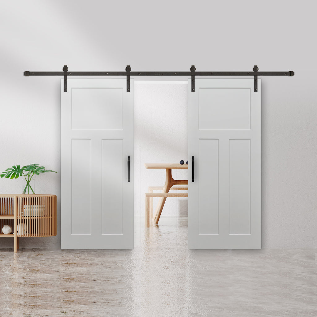 Shaker 3-Panel Primed White Pine Wood Interior Bi-Part Barn Door with Oil Rubbed Bronze Hardware Kit from Pacific Pride.