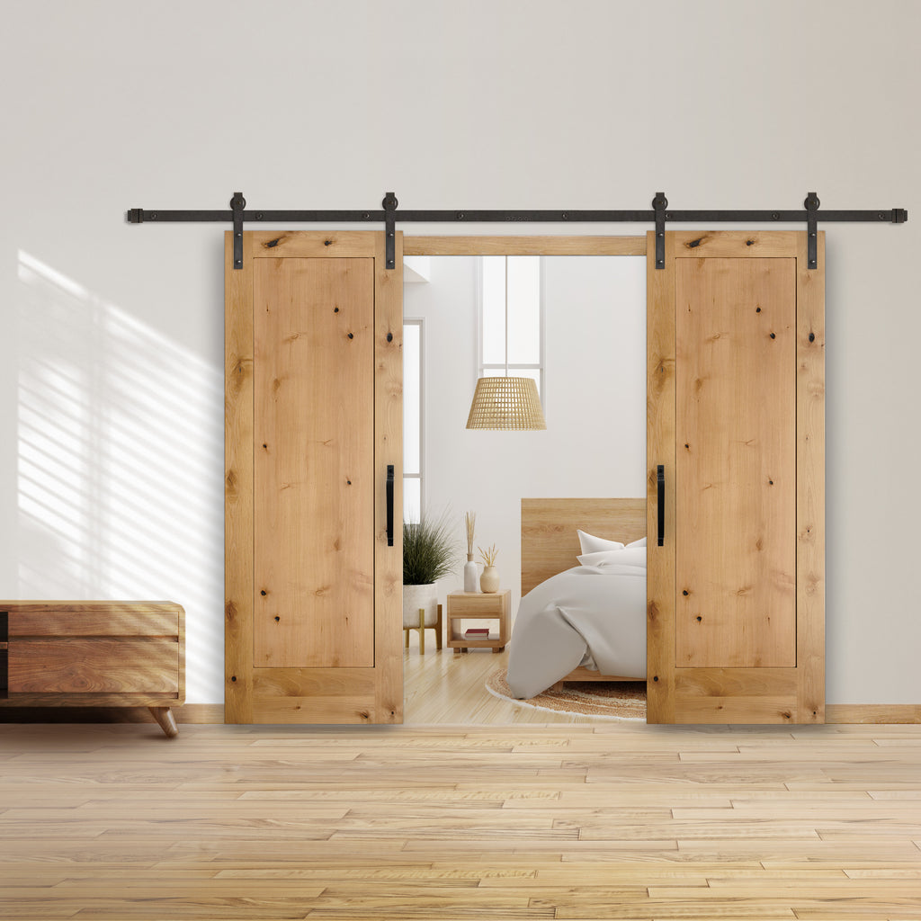 Rustic 1-Panel Unfinished American Knotty Alder Wood Interior Bi-Part Barn Door with Oil Rubbed Bronze Hardware Kit from Pacific Pride.