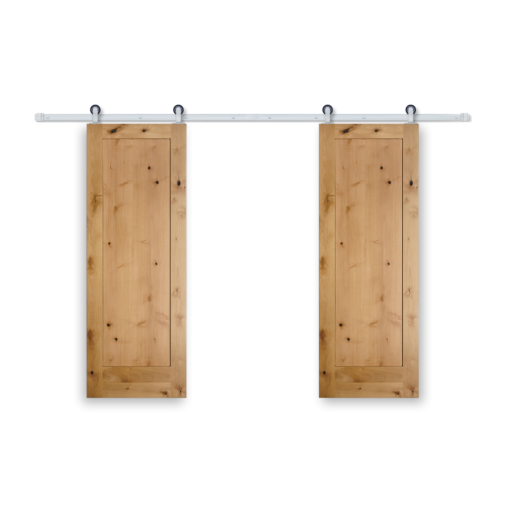 Rustic 1-Panel Unfinished American Knotty Alder Wood Interior Bi-Part Barn Door with Satin Nickel Hardware Kit from Pacific Pride.