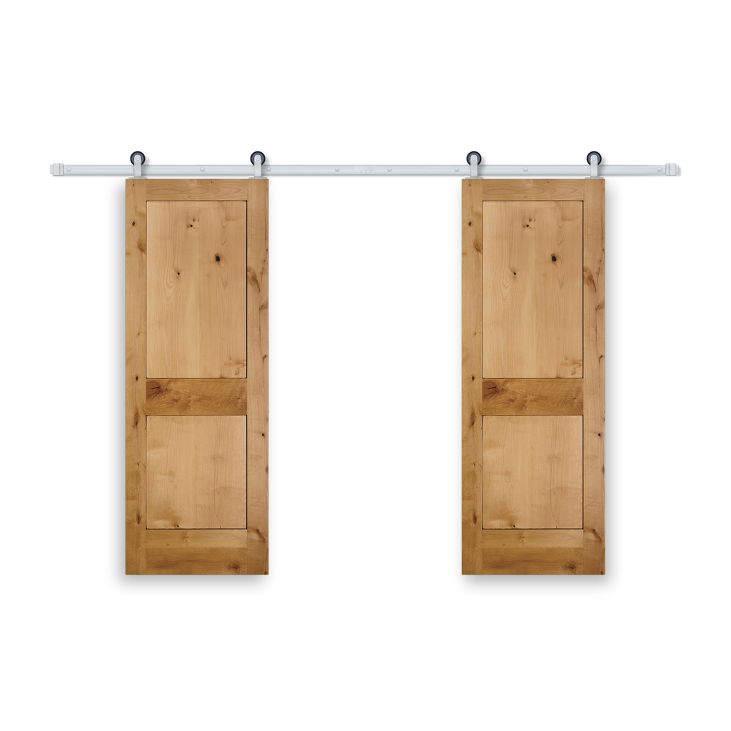 Rustic 2-Panel Unfinished American Knotty Alder Wood Interior Bi-Part Barn Door with Satin Nickel Hardware Kit from Pacific Pride.