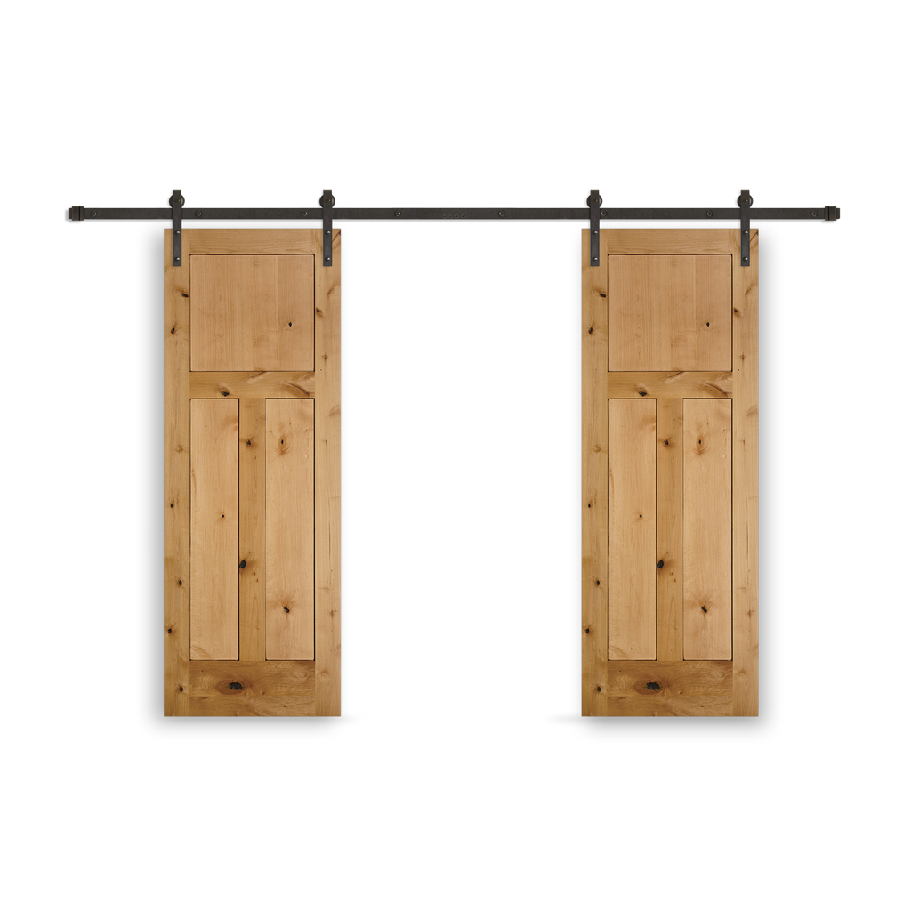 Rustic 3-Panel Unfinished American Knotty Alder Wood Interior Bi-Part Barn Door with Oil Rubbed Bronze Hardware Kit from Pacific Pride.