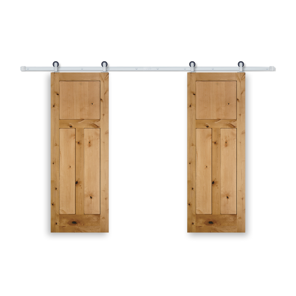 Rustic 3-Panel Unfinished American Knotty Alder Wood Interior Bi-Part Barn Door with Satin Nickel Hardware Kit from Pacific Pride.