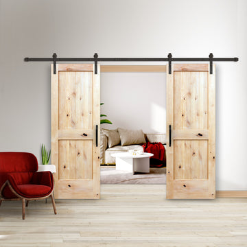 Rustic 2-panel unfinished American Knotty Alder wood from Washington State Interior Bi-Part Barn Door with Oil Rubbed Bronze Hardware Kit from Pacific Pride.