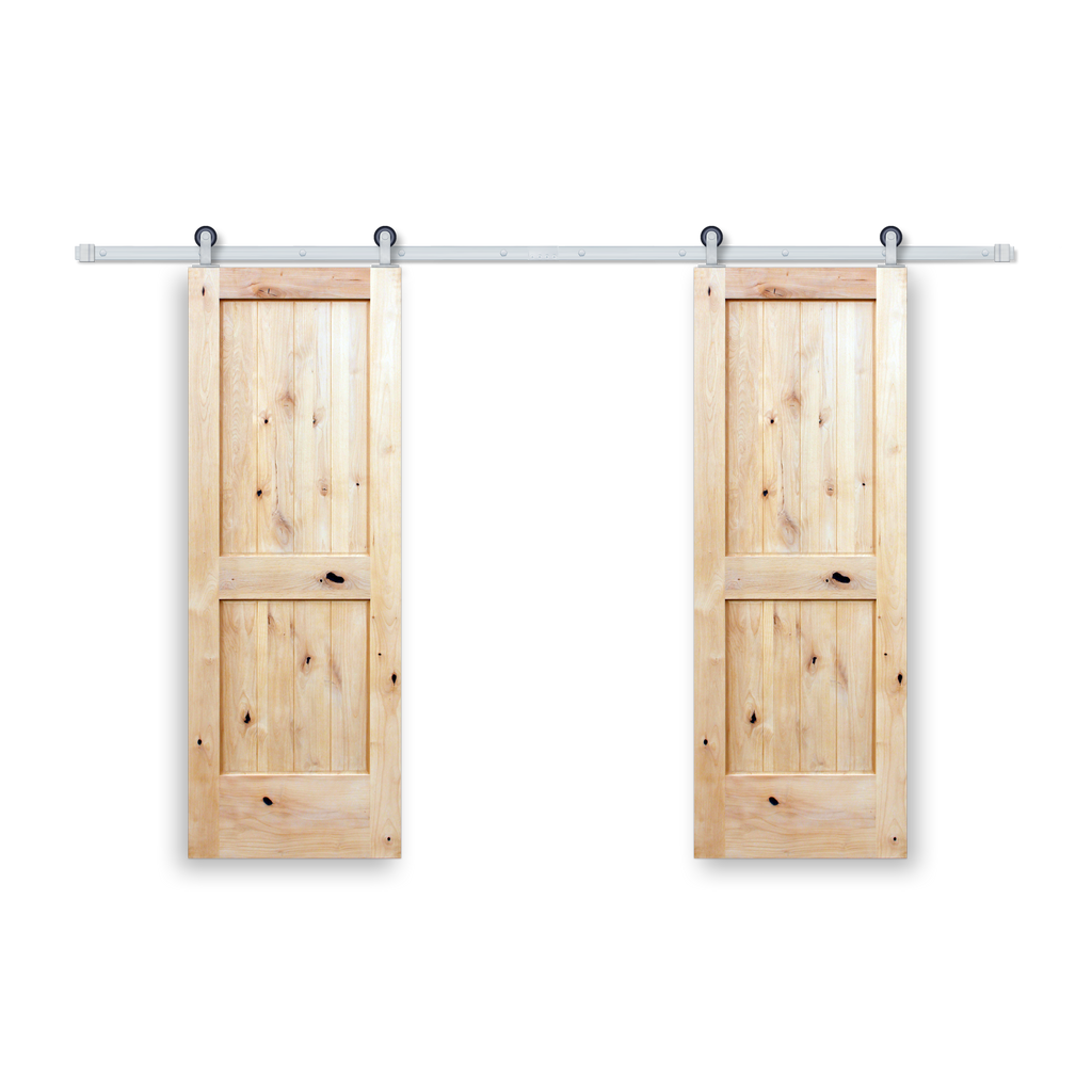 Rustic 2-panel unfinished American Knotty Alder wood from Washington State Interior Bi-Part Barn Door with Satin Nickel Hardware Kit from Pacific Pride.