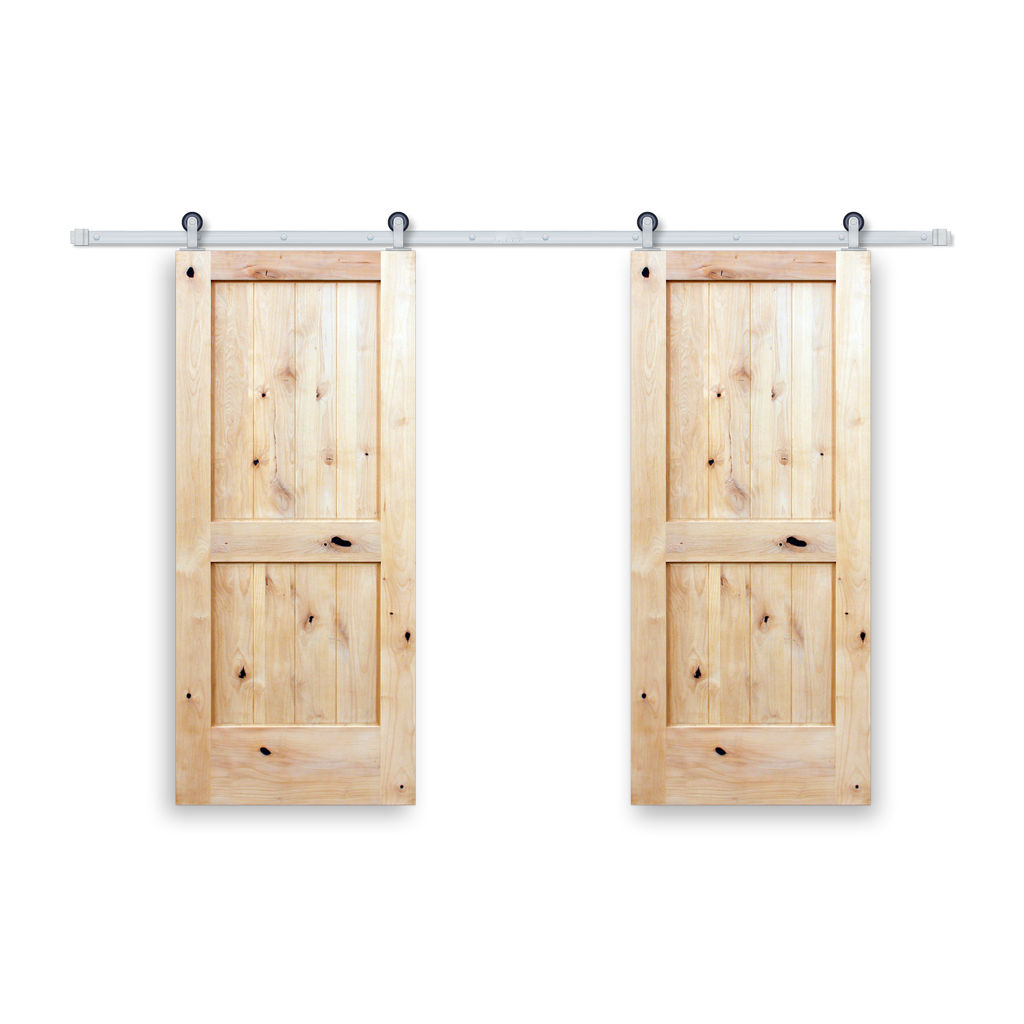 Rustic 2-panel unfinished American Knotty Alder wood from Washington State Interior Bi-Part Barn Door with Satin Nickel Hardware Kit from Pacific Pride.