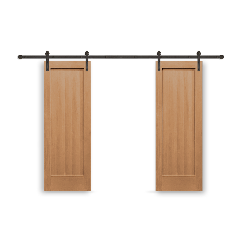 Craftsman Unfinished 1-Panel Vertical Grain Fir Wood Interior Bi-Part Barn Door with Oil Rubbed Bronze Hardware Kit from Pacific Pride.