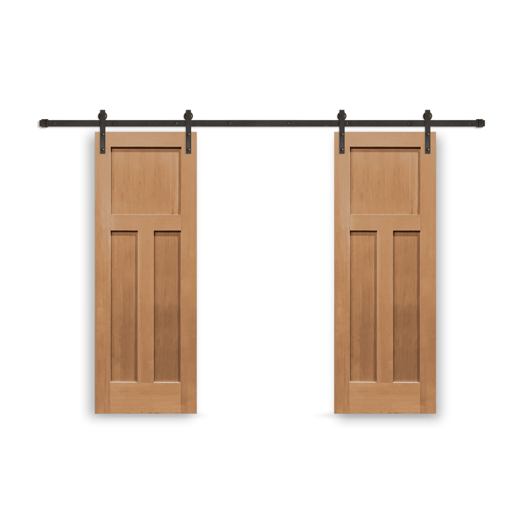 Craftsman Unfinished 3-Panel Vertical Grain Fir Wood Interior Bi-Part Barn Door with Oil Rubbed Bronze Hardware Kit from Pacific Pride.