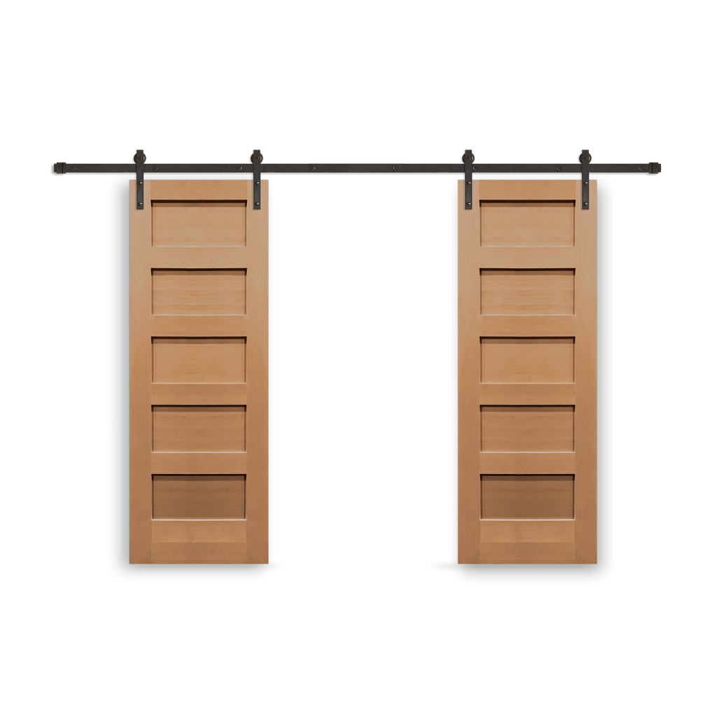 Craftsman Unfinished 5-Panel Vertical Grain Fir Wood Interior Bi-Part Barn Door with Oil Rubbed Bronze Hardware Kit from Pacific Pride.