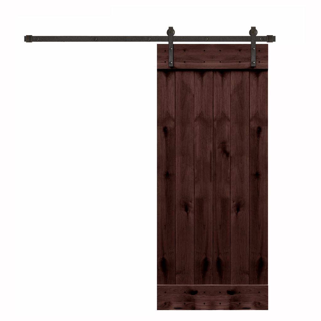 Rustic Espresso-stained 1-Panel Plank American Knotty Alder Sliding Barn Door Kit with Oil Rubbed Bronze Hardware Kit from Pacific Pride