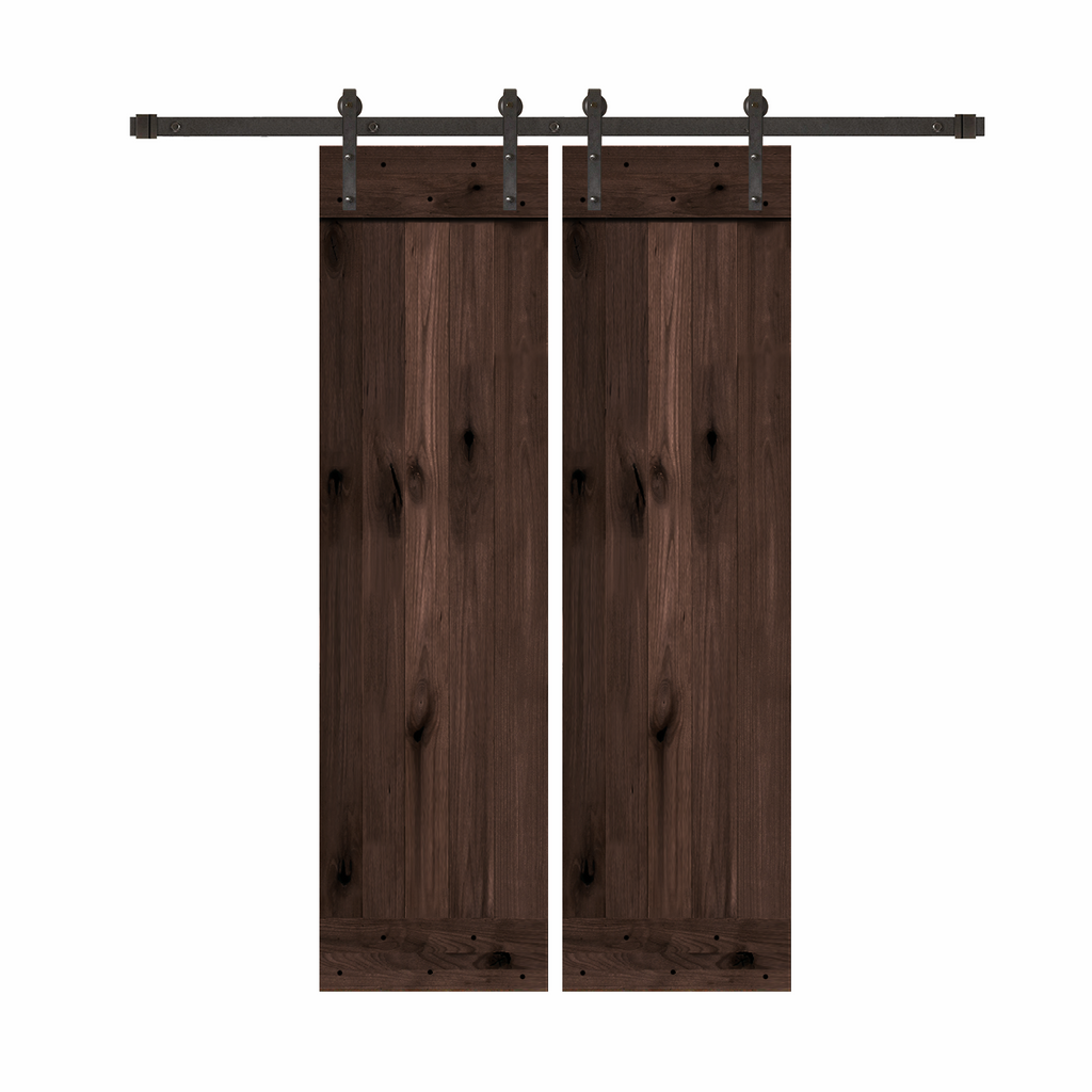 Bi-Part Rustic Espresso-Stained 1-Panel Knotty Alder Sliding Barn Door Kit with Oil-Rubbed Bronze Hardware Kit