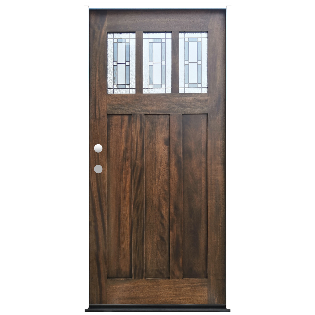Craftsman Espresso Stained Mahogany Wood Exterior Door Decorative 3-Lite Leaded Glass 3 Panel door from Pacific Pride