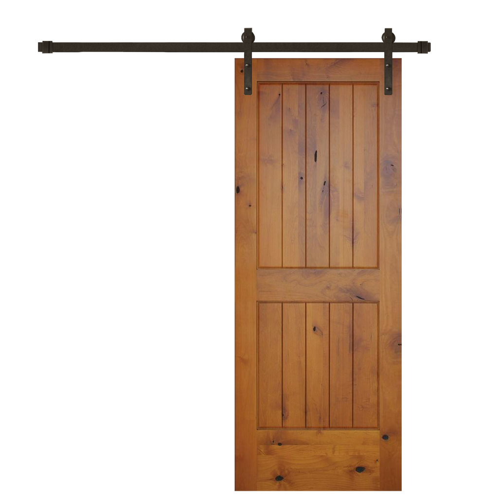Rustic 2-panel Golden Oak stained American Knotty Alder wood from Washington State Interior Sliding Barn Door with Oil Rubbed Bronze Hardware Kit from Pacific Pride.