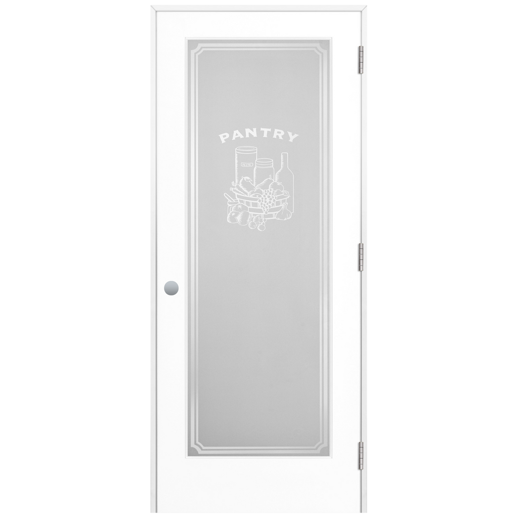 Pantry Graphic Frosted Glass Prehung Interior Swinging Door with with a Primed Pine Wood Jamb and Satin Nickel Hinges