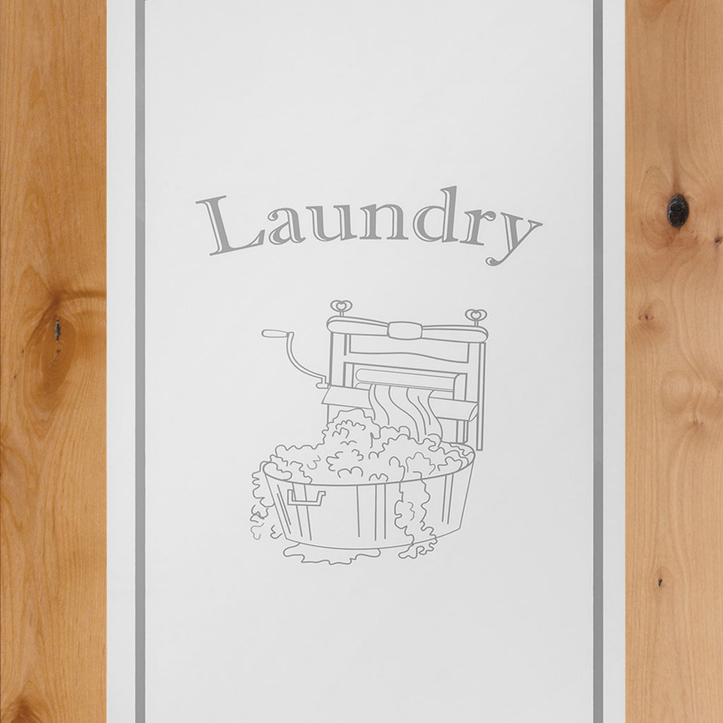 Laundry Graphic Frosted Glass Unfinished American Knotty Alder Prehung Interior Swinging Door with with a Primed Pine Wood Jamb and Satin Nickel Hinges