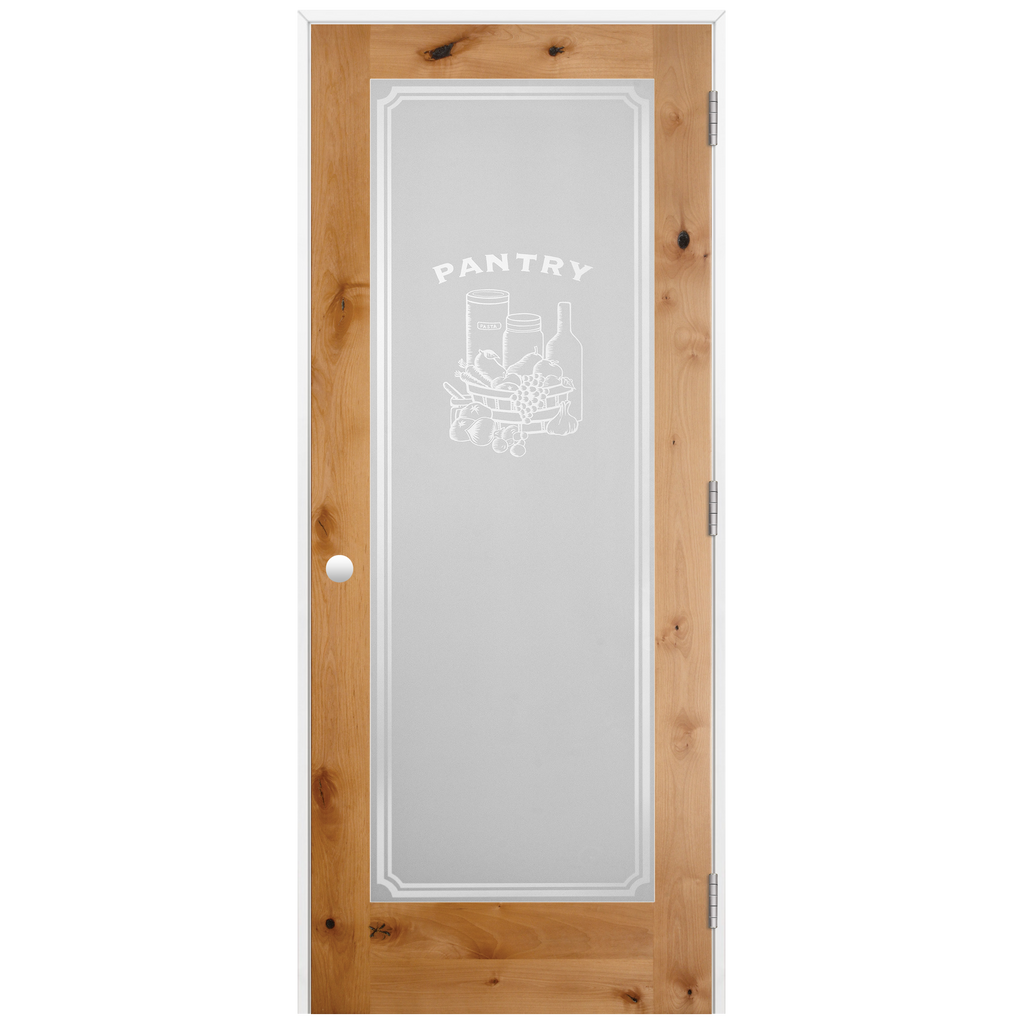 Pantry Graphic Frosted Glass Unfinished American Knotty Alder Prehung Interior Swinging Door with with a Primed Pine Wood Jamb and Satin Nickel Hinges