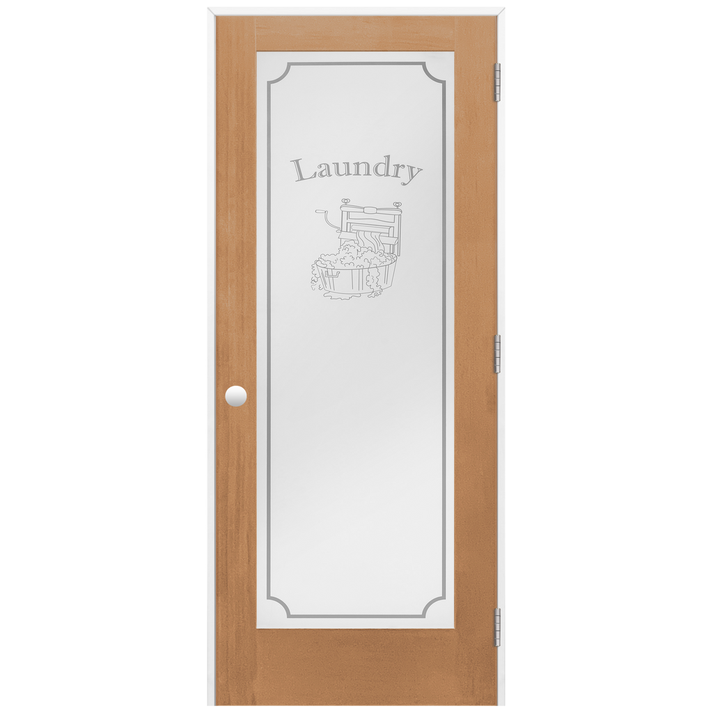 Laundry Graphic Frosted Glass Unfinished Vertical Grain Fir Prehung Interior Swinging Door with with a Primed Pine Wood Jamb and Satin Nickel Hinges