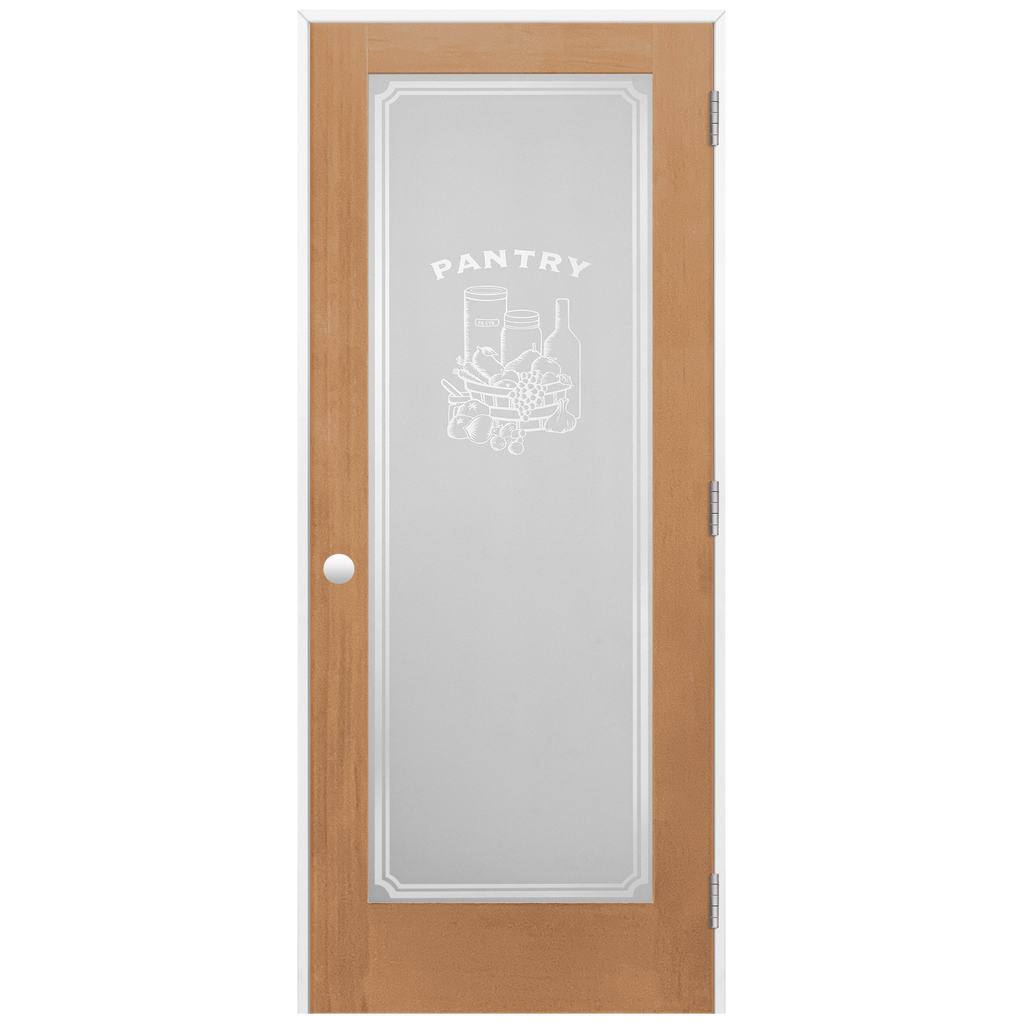 Pantry Graphic Frosted Glass Unfinished Vertical Grain Fir Prehung Interior Swinging Door with with a Primed Pine Wood Jamb and Satin Nickel Hinges