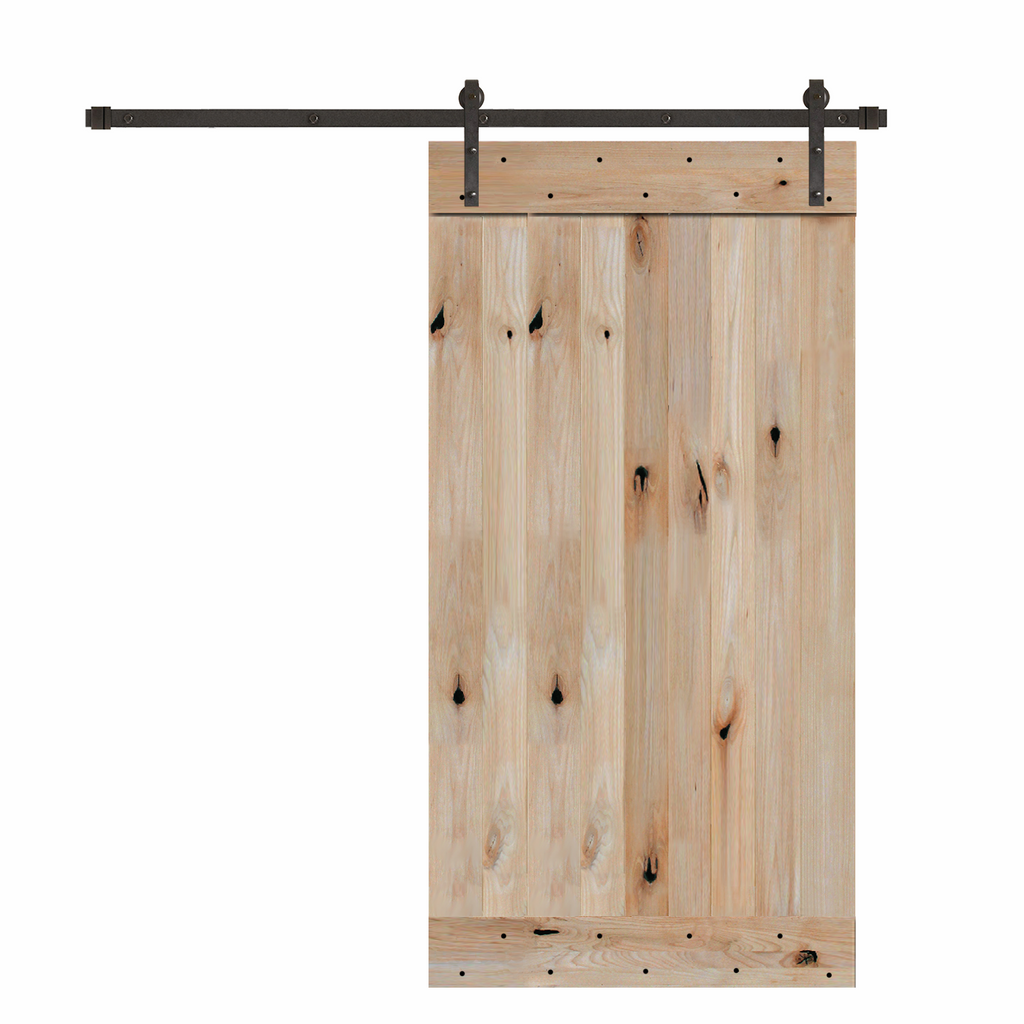 Rustic Unfinished 1-Panel Plank Knotty Pine Sliding Barn Door Kit with Oil-Rubbed Bronze Hardware Kit