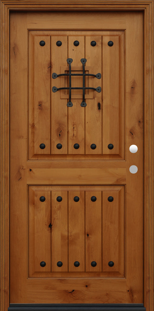 Speakeasy Exterior Door 36" x 80" 2-Panel Square Top V-Grooved Knotty Alder Prefinished Golden Oak Prehung Entry Door. 
