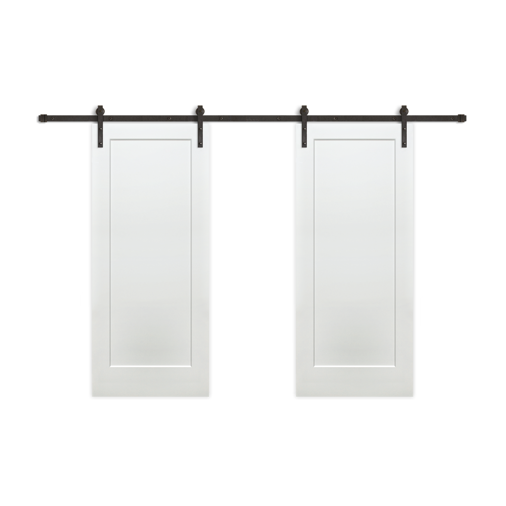 Shaker 1-Panel Primed White Pine Wood Interior Bi-Part Barn Door with Oil Rubbed Bronze Hardware Kit from Pacific Pride.