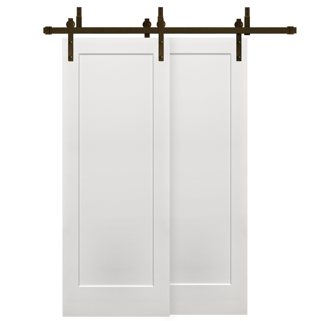 Shaker 1-Panel Primed White Pine Wood Interior Bypass Barn Door with Oil Rubbed Bronze Hardware Kit from Pacific Pride.