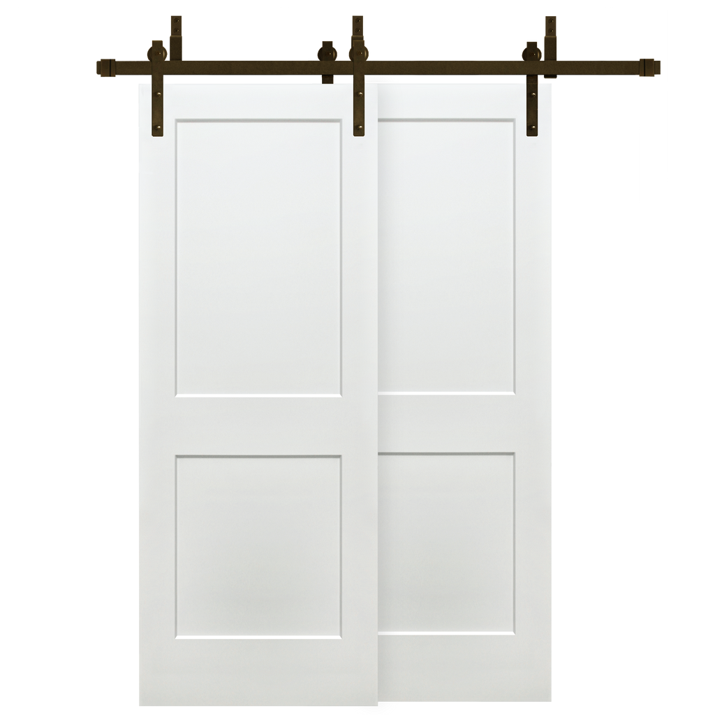 Shaker 2-Panel Primed White Pine Wood Interior Bypass Barn Door with Oil Rubbed Bronze Hardware Kit from Pacific Pride.