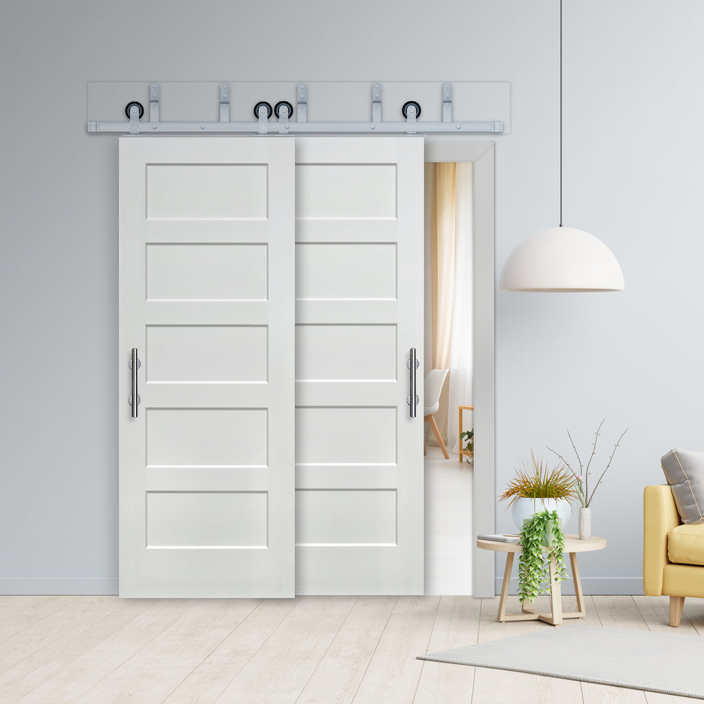 Shaker 5-Panel Primed White Pine Wood Interior Bypass Barn Door with Satin Nickel Hardware Kit from Pacific Pride.