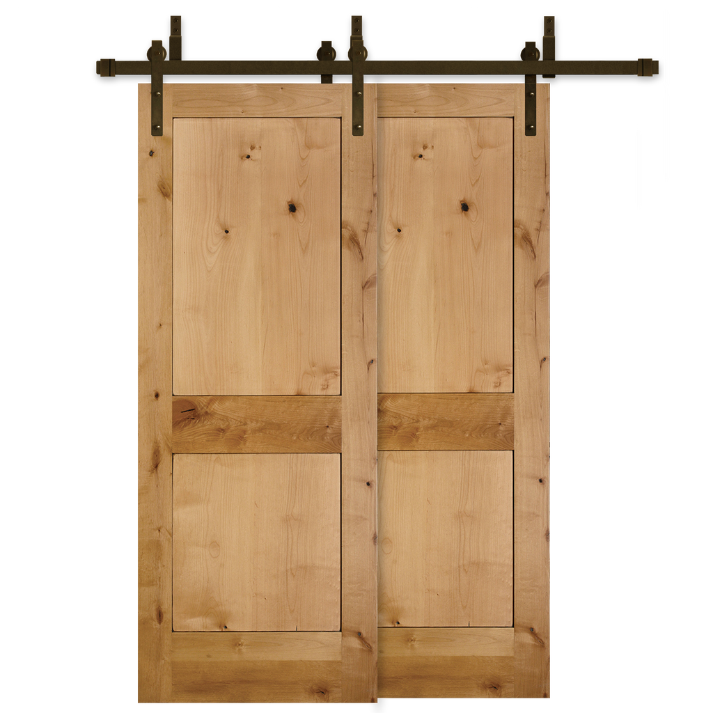 Rustic 2-Panel Unfinished American Knotty Alder Wood Interior Bypass Barn Door with Oil Rubbed Bronze Hardware Kit from Pacific Pride.