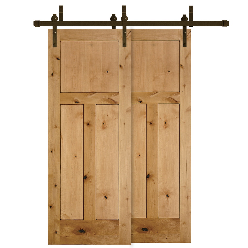 Rustic 3-Panel Unfinished American Knotty Alder Wood Interior Bypass Barn Door with Oil Rubbed Bronze Hardware Kit from Pacific Pride.