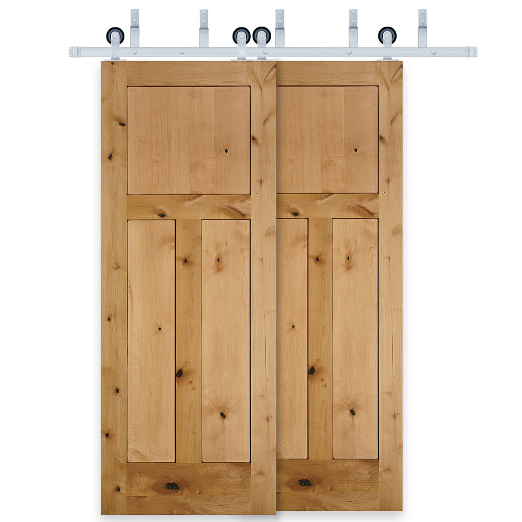 Rustic 3-Panel Unfinished American Knotty Alder Wood Interior Bypass Barn Door with Satin Nickel Hardware Kit from Pacific Pride.