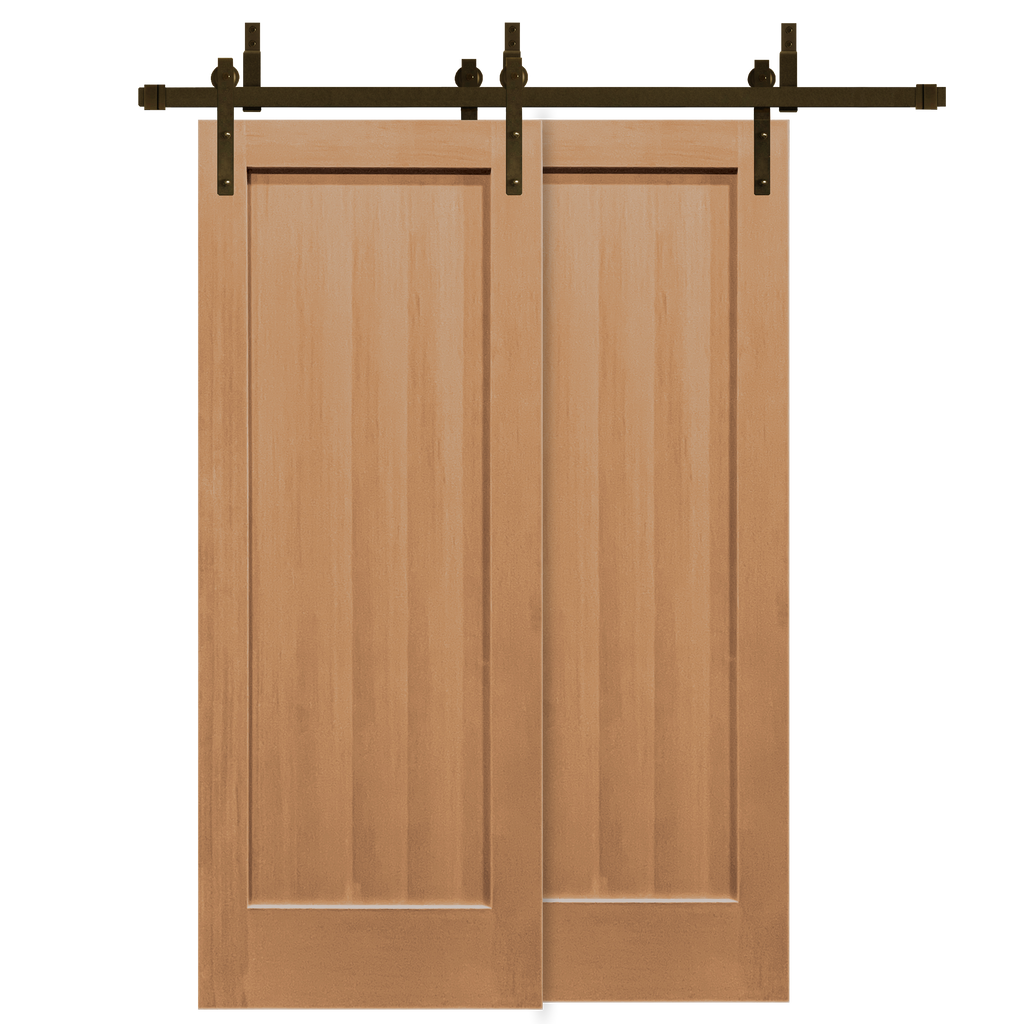 Craftsman Unfinished 1-Panel Vertical Grain Fir Wood Interior Bypass Barn Door with Oil Rubbed Bronze Hardware Kit from Pacific Pride.