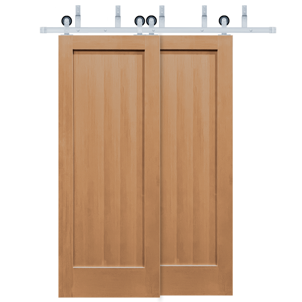 Craftsman Unfinished 1-Panel Vertical Grain Fir Wood Interior Bypass Barn Door with Satin Nickel Hardware Kit from Pacific Pride.