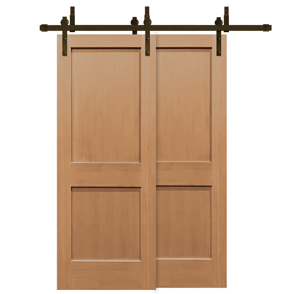 Craftsman Unfinished 2-Panel Vertical Grain Fir Wood Interior Bypass Barn Door with Oil Rubbed Bronze Hardware Kit from Pacific Pride.
