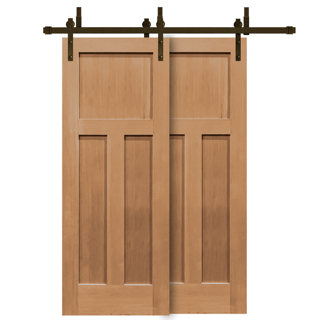 Craftsman Unfinished 3-Panel Vertical Grain Fir Wood Interior Bypass Barn Door with Oil Rubbed Bronze Hardware Kit from Pacific Pride.