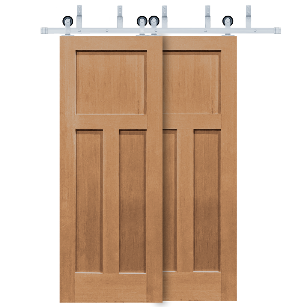 Craftsman Unfinished 3-Panel Vertical Grain Fir Wood Interior Bypass Barn Door with Satin Nickel Hardware Kit from Pacific Pride.