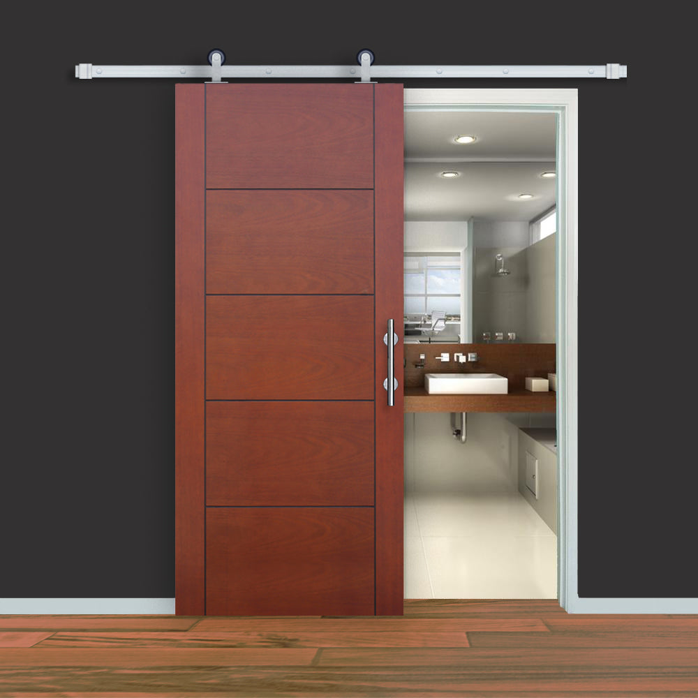 Contemporary Prefinished Mahogany Wood 5-Panel Flush Sliding Barn Door with Satin Nickel Hardware Kit from Pacific Pride.
