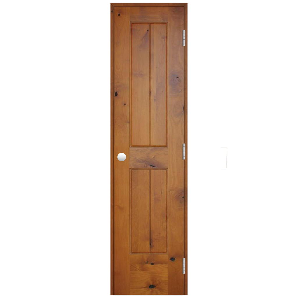 Rustic Prefinished 2-Panel V-Groove American Knotty Alder Wood Prehung Interior Swinging Door with Matching Jam and Satin Nickel Hinges