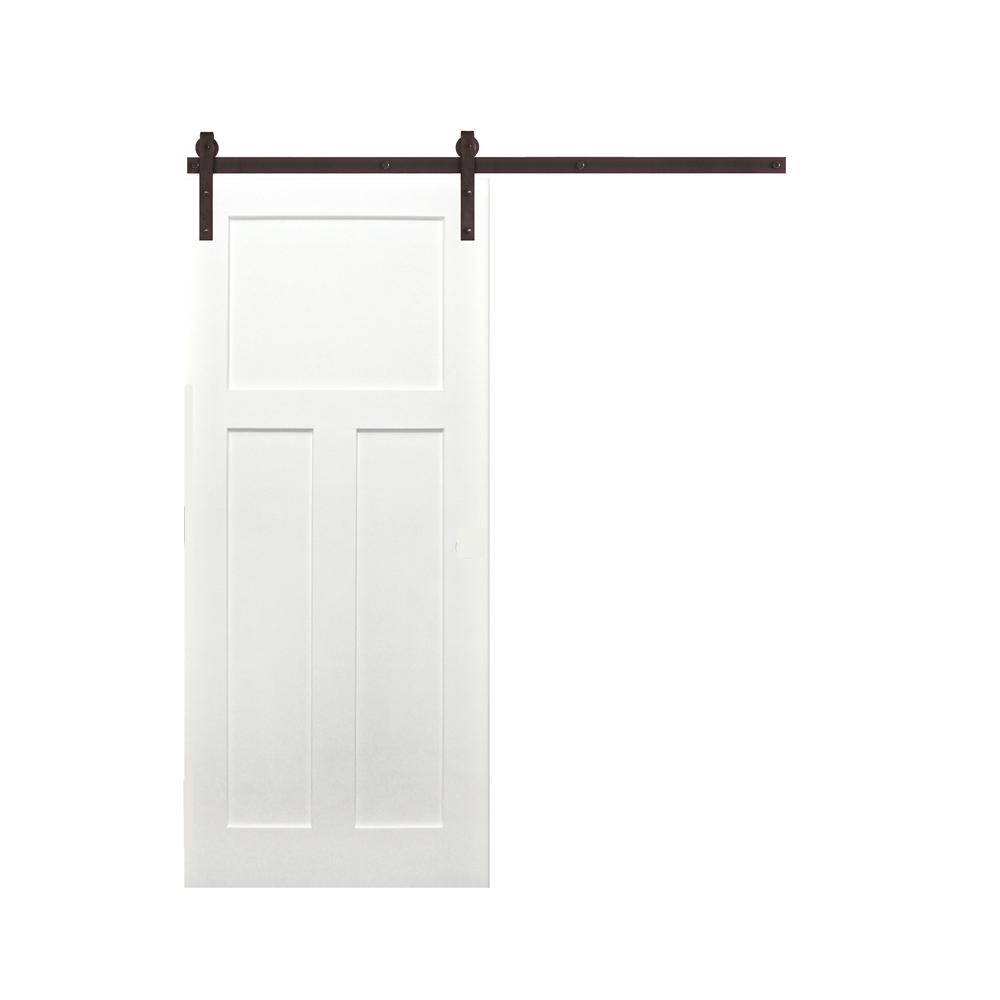 Shaker 3-Panel Primed White Pine Wood Interior Sliding Barn Door with Oil Rubbed Bronze Hardware Kit from Pacific Pride.
