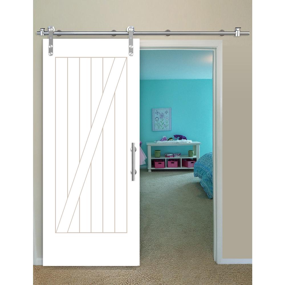 Cottage Z-Plank Primed White Pine Wood Interior Sliding Barn Door with Round Stainless Steel Hardware Kit from Pacific Pride.
