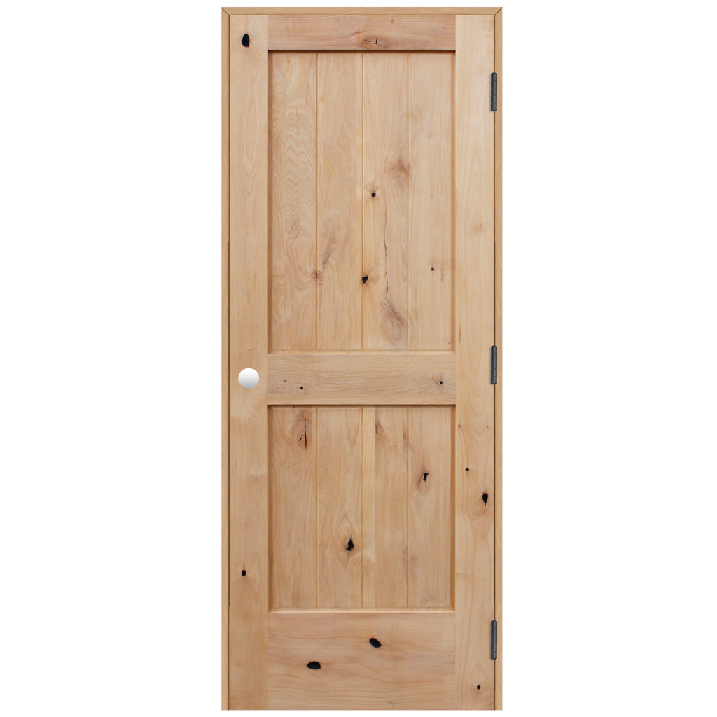 Rustic Unfinished 2-Panel V-Groove American Knotty Alder Wood Prehung Interior Swinging Door with Bronze Hinges